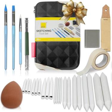 Imagem de COLOUR BLOCK Conjunto de 30 ferramentas de esboço com liquidificadores de arte de desenho pastéis macios, tocos, tortilhões, lixa, extensor de lápis de esboço, canetas de borracha