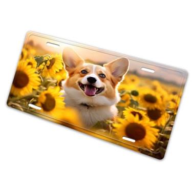 Imagem de Corgi Girassol Campo Filhote de Cachorro Linda Capa de Placa de Carro - Etiqueta Artística de Alumínio para Carro, À Prova de Ferrugem, Design Novidade Exclusivo - 15,5 x 30,5 cm