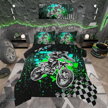 Imagem de Feelyou Conjunto de edredom infantil de motocross, motocross, decoração de quarto de meninos e adolescentes, edredom de esportes radicais, conjunto de cama de motocicleta