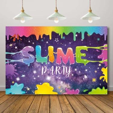Imagem de Rcoaror Slime Pintura de fundo de feliz aniversário com estampa de graffiti para meninos e meninas, faixa de festa de geleca para festa de festa, adereços de quebra de bolo, adereços para retrato, chá