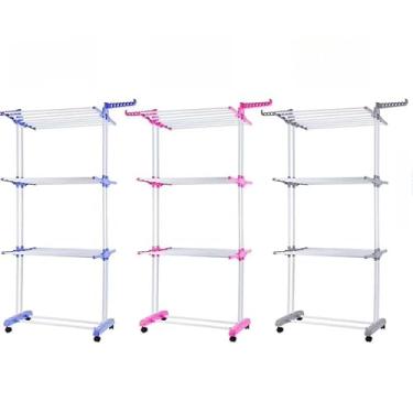 Imagem de Varal De Chão 3 Andares Dobrável Retrátil Aço 4 Rodas Portátil para Roupas Varal de Roupa Resistente e Prático(Rosa XL3656)
