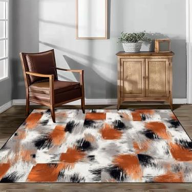 Imagem de ENIGMEX Tapete de área, tapete de arte macio antiderrapante, tapetes de 1,8 m x 18 m, macio fofo laranja grunge branco preto laranja felpudo decoração felpuda tapete para quarto, sala de estar