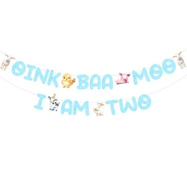 Imagem de JOYMEMO Oink Baa Moo I Am Two Birthday Banner, Blue Farm Animals 2nd Birthday Party Decorações Menino, Farm Barnyard Theme Second Party Supplies