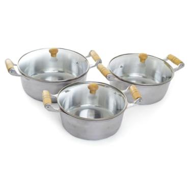 Imagem de Jogo de Panelas com Tampa Vidro 3 Pçs Alumínio Batido Fundido Cabo de Madeira Marfim Envernizado