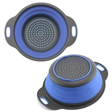 Imagem de Escorredor dobrável de silicone redondo azul – Coadores de cozinha redondos de silicone com alças de plástico, pequeno coador de cozinha dobrável, perfeito para drenar macarrão, legumes e frutas