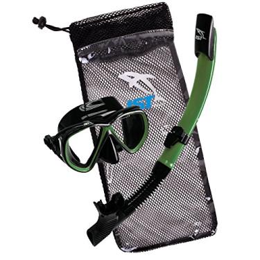 Imagem de Conjunto de Snorkeling Compacto IST: Máscara à prova de quebra, Snorkel e Bolsa de Cordão de Malha para Viagem em Tamanhos Adultos e Juvenis, Black Silicone & Green, Adult Standard