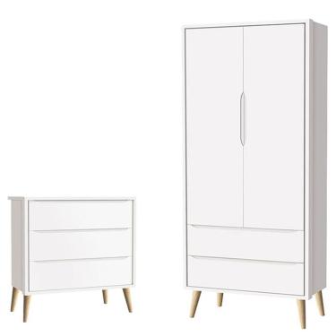 Imagem de Cômoda Gaveteiro Infantil E Guarda Roupa 2 Portas Theo Branco Acetinado Pés Madeira Natural - Reller