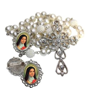 Imagem de Terço de Noiva de Luxo Arabesco com Broche de Lapela Santa Teresinha Q