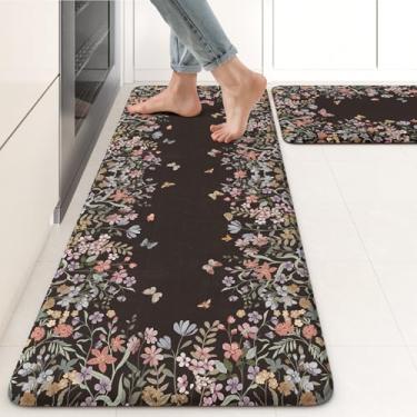 Imagem de KIMODE Tapetes De Cozinha Antifadiga Para Piso, Conjuntos 2 Pretos Estilo Fazenda, Acolchoados O Verão, Pia Confortável Lavanderia, Mesa Escritório 43 Cm X 119 + 74