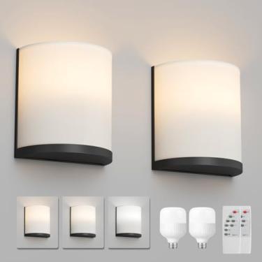 Imagem de Aoceley Luminária De Parede Com 2 Arandelas Operadas Por Bateria, Controle Remoto E Lâmpadas Recarregáveis 5500 Mah, 3 Cores Reguláveis Programáveis, Para Ambientes Internos, Sem Fio, Tecido, Quarto