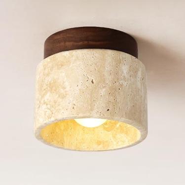 Imagem de WOSBO Luminárias De Teto Wabi Sabi, Luminária Embutida Travertino Amarelo Japonês 4,7", Abajur Pedra Com Placa Madeira, Meados Do Século Para Corredor, Hall Entrada, Base E26