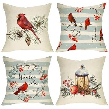 Imagem de Fjfz Capa De Almofada Decorativa Winter Vibes Cardinal Red Birds 16X16, Conjunto 4, Guirlanda Frutas Vermelhas, Pinhas, Lâmpada Querosene, Decoração Natal Para Casa, Estilo Fazenda Com Neve Sofá