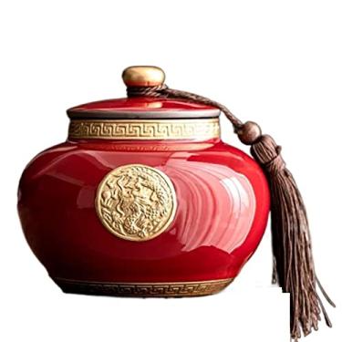 Imagem de Lata de chá Recipientes de armazenamento de chá de cerâmica estilo chinês vintage com padrão dourado e decoração de borla, frasco de chá folhas de chá selando lata de armazenamento para chocolate, açú
