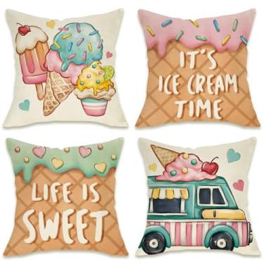 Imagem de Fahrendom Capas de almofada decorativas Summer It's Ice Cream Time, 40,6 x 40,6 cm, conjunto com 4, Life is Sweet, picolé, caminhão, varanda, pátio, capa de almofada para sofá, decoração de casa