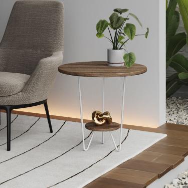 Imagem de Mesa Lateral Redonda Industrial Italy Ferro Branco E Tampo Amêndoa