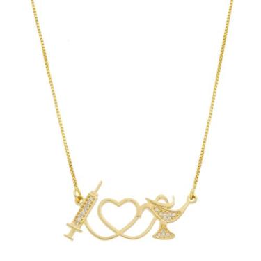 Imagem de Colar Seringa Enfermagem Enfermeira Zircônias Banho Ouro 18k - Jhulias
