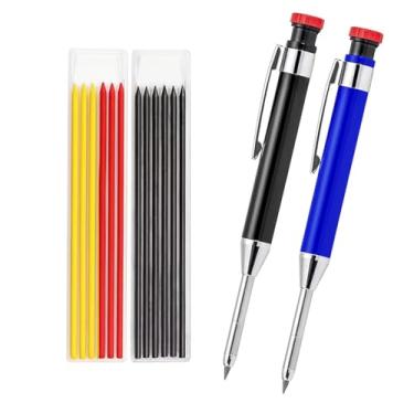 Imagem de greywolf Pacote com 2 lápis de carpinteiro, lápis de carpinteiro resistente com 14 recargas, marcadores automáticos de ponta longa com apontador embutido para carpinteiros, arquitetos (preto, vermelho