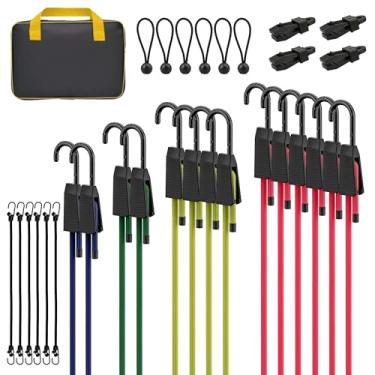 Imagem de Rugtol Cordões elásticos com ganchos, 30 peças sortidas para uso ao ar livre com 61 cm, 91 cm, 101 cm, 152 cm, 152 cm, ganchos J, laços de bola de lona de 10 cm e clipes de lona, bolsa organizadora