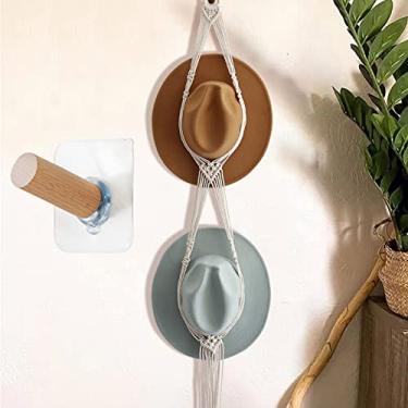 Imagem de Cabides de chapéu de macramê para parede com gancho de madeira aderente, organizador de chapéu boêmio decorativo feito à mão para chapéu de praia chapéu de sol para bonés de aba larga (2 furos)