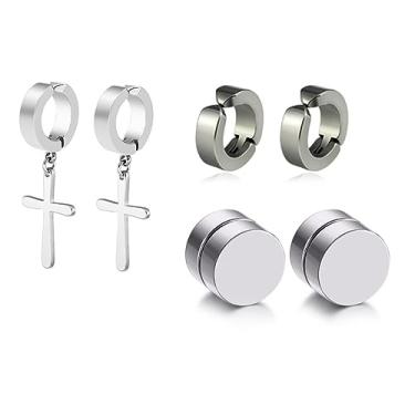 Imagem de Brinco Masculino Argola Cruz Pressão Prateado Kit 3 Pares