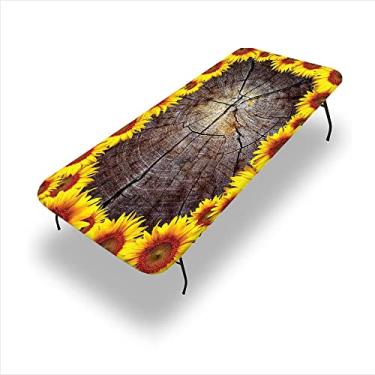 Imagem de Toalha de mesa ajustada ao ar livre com girassol, girassóis, tronco de árvore, ornamental rústico, adequada para festas de acampamento e piquenique, toalha de mesa de 61 cm x 122 cm para mesa dobrável