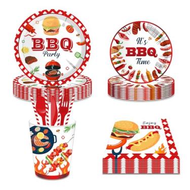 Imagem de Conjunto de utensílios de mesa descartáveis para churrasco com 77 peças, padrão de hambúrguer, inclui pratos, copos, canudos, facas, garfos, toalhas de papel, adequado para festa temática crua, beber