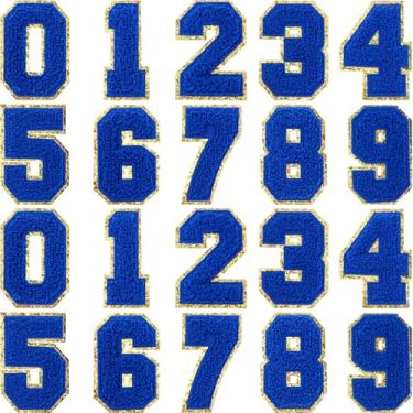 Imagem de Juinte 20 peças de 8 cm chenille ferro em números bordados números com lantejoulas glitter costurar 0-9 apliques de números para uniforme de equipe esportes camiseta futebol jeans bolsas decorações