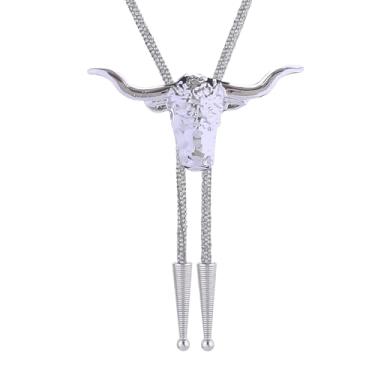 Imagem de GelConnie Gravata Bolo Ocidental para Homens Mulheres Strass Bolo Tie Album Tour Inspirada Brilhante Gravatas para Casamento e Concerto, Gravata Bolo de Cabeça de Vaca - Prata, Adjustable
