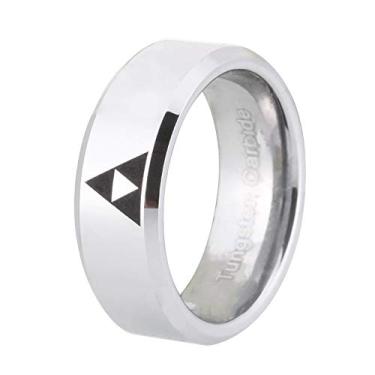 Imagem de CLOUD DANCER Anel de prata chanfrado de 8 mm de largura, um anel triforce, design triforce, com tema de jogo, anel de tungstênio, anel masculino, alianças de casamento, sem anel, gravação