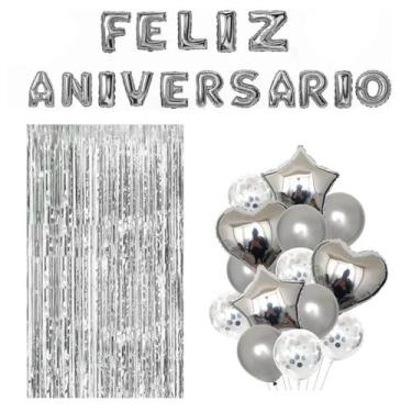 Imagem de Kit Festa Feliz Aniversário Completa Prata com Balões 31 peças - Winne