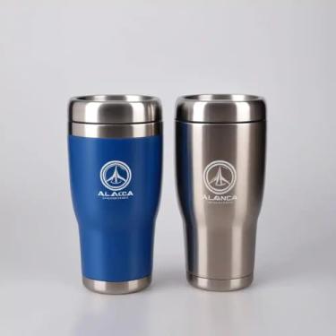 Imagem de Copo Térmico Parede Dupla em Aço Inox Azul 350ml com Alça Ergonômica - Estilo Com Logo