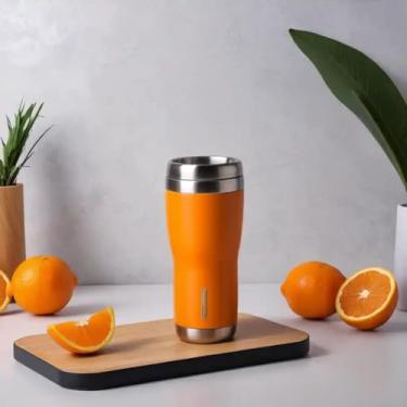 Imagem de Copo Térmico Parede Dupla em Aço Inox Laranja 350ml com Base Antiderrapante - Estilo Texturizado