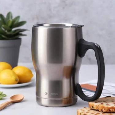 Imagem de Caneca Térmica Parede Dupla em Aço Inox Cinza 500ml com Tampa Flip - Estilo Casual