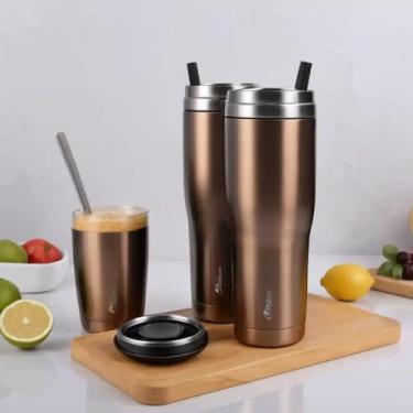 Imagem de Copo Térmico Parede Dupla em Aço Inox Marrom 500ml com Base Antiderrapante - Estilo Esportivo