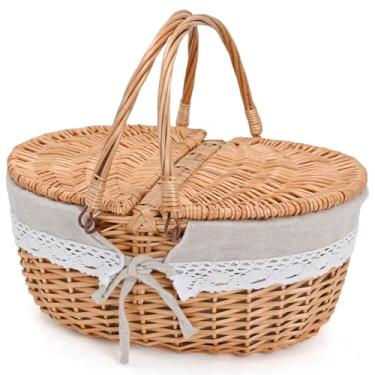 Imagem de Cesta de piquenique de vime com forro removível, cestas de piquenique vazias com tampa, cesto de piquenique com alças dobráveis para piquenique, linho cinza