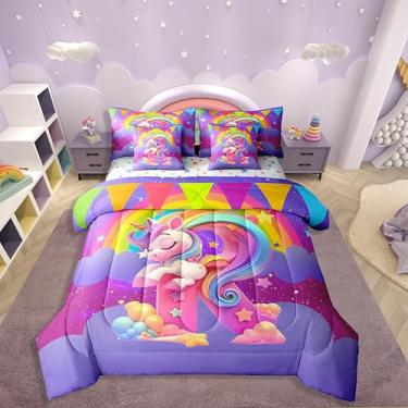 Imagem de Erosebridal Conjunto de edredom de 7 peças de unicórnio arco-íris em uma bolsa, conjunto de cama de solteiro com letra R, para crianças, meninos, meninas, monograma, unicórnio kawaii, estrelas