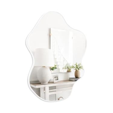 Imagem de CULER Espelho de parede de banheiro branco irregular, espelho de vidro temperado moderno de 61 x 91 cm assimétrico para quarto, sala de estar, entrada