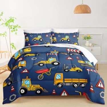 Imagem de QOOMO Conjunto de edredom infantil de construção, tamanho solteiro, para meninos e meninas, azul escuro, caminhão, carros, decoração de quarto, escavadeira, trator, colcha com edredom, lençóis e