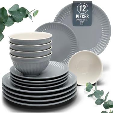 Imagem de Conjunto de louça de grés para 4 pessoas HYGGE 12 peças - Design elegante Scandi - Conjunto de pratos premium - Conjunto de tigela e prato - Utensílios de mesa para 4 pessoas em um design canelado