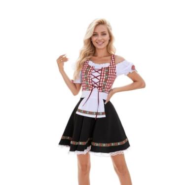 Imagem de Khanda Fantasias femininas Oktoberfest com gola U, vestidos Dirndl, xadrez, clássicos, Oktoberfest, para festa bávara alemã (rosa, GG)