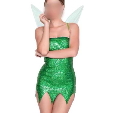 Imagem de Women's Halloween Pretty Pixie Fairy Cosplay Costume Green Sequin Tube Strapless Princess Dress with Butterfly Wings (E-Green, L)