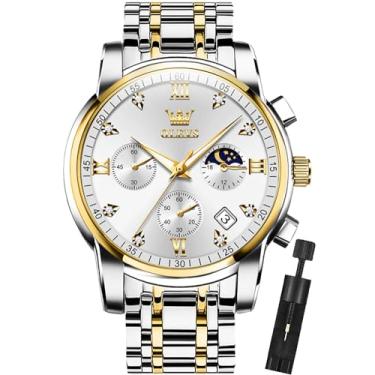 Imagem de OLEVS Relógio de pulso masculino cronógrafo para negócios de quartzo, aço inoxidável, à prova d'água, luminoso, data, Dois tons, prata, Relógio de quartzo, cronógrafo