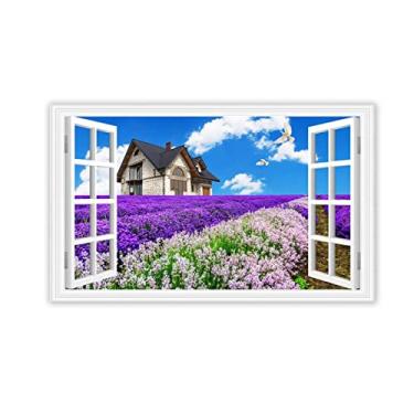 Imagem de Arte de parede com vista de janela 3D - Flower Field House - Impressão de pintura da natureza em tela - imagem de paisagem em tela - pôster de decoração de parede de sala de estar 40 x 65 cm 15 x 65