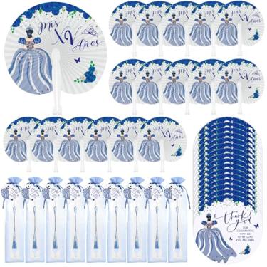 Imagem de CroBlissful 50 conjuntos de lembrancinhas de quinze anos para convidados, agradecimento, leque de papel dobrável com leques portáteis de cartão com design de princesa presentes doces 15 artigos de
