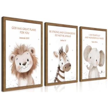 Imagem de Dytila Decoração de parede de berçário cristão emoldurada de 3 peças, decoração de berçário com tema de selva, arte de parede para quarto de bebê menino safari, impressões em tela de imagens de
