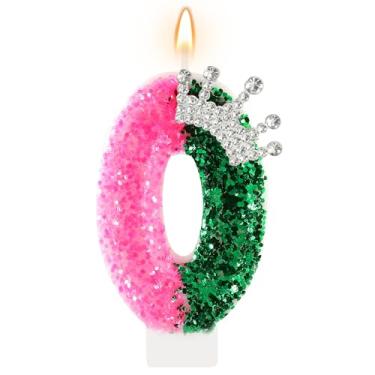 Imagem de AKURIEEY Wicked Birthday Candle Crown Number 0 Candle Pink and Green Birthday Cake Topper Decorações Wicked Themed Party Decor Anniversary Celebrations Supplies