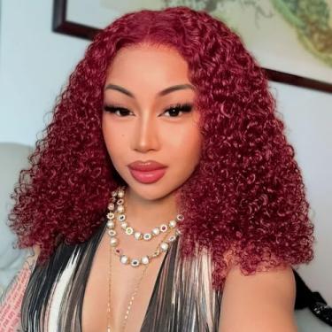 Imagem de HIRIREMY 99J Perucas de cabelo humano ondulado profundo ondulado bob cabelo humano pré-arrancado sem cola 35,5 cm 13 x 4 HD Lace Frontal Curto Curly BOB perucas de cabelo humano para mulheres negras