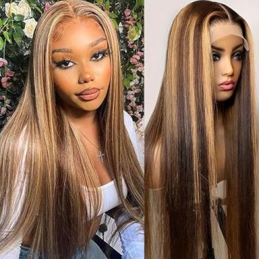 Imagem de Kysonty Peruca frontal ombré loira mel de 61 cm, cabelo humano, destaque, liso, densidade 180, sem cola, peruca frontal de renda HD 13x6 para mulheres negras, pré-arrancada com cabelo de bebê, 4/27