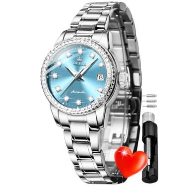 Imagem de OLEVS Relógios femininos com diamantes automáticos mecânicos dourados luxuosos, relógio de pulso de aço inoxidável original com corda automática, 7003: azul claro, Luxuoso