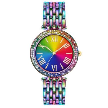 Imagem de Bisley Relógio analógico feminino com pulseira de metal e mostrador arco-íris, Arco-íris, Relógio casual